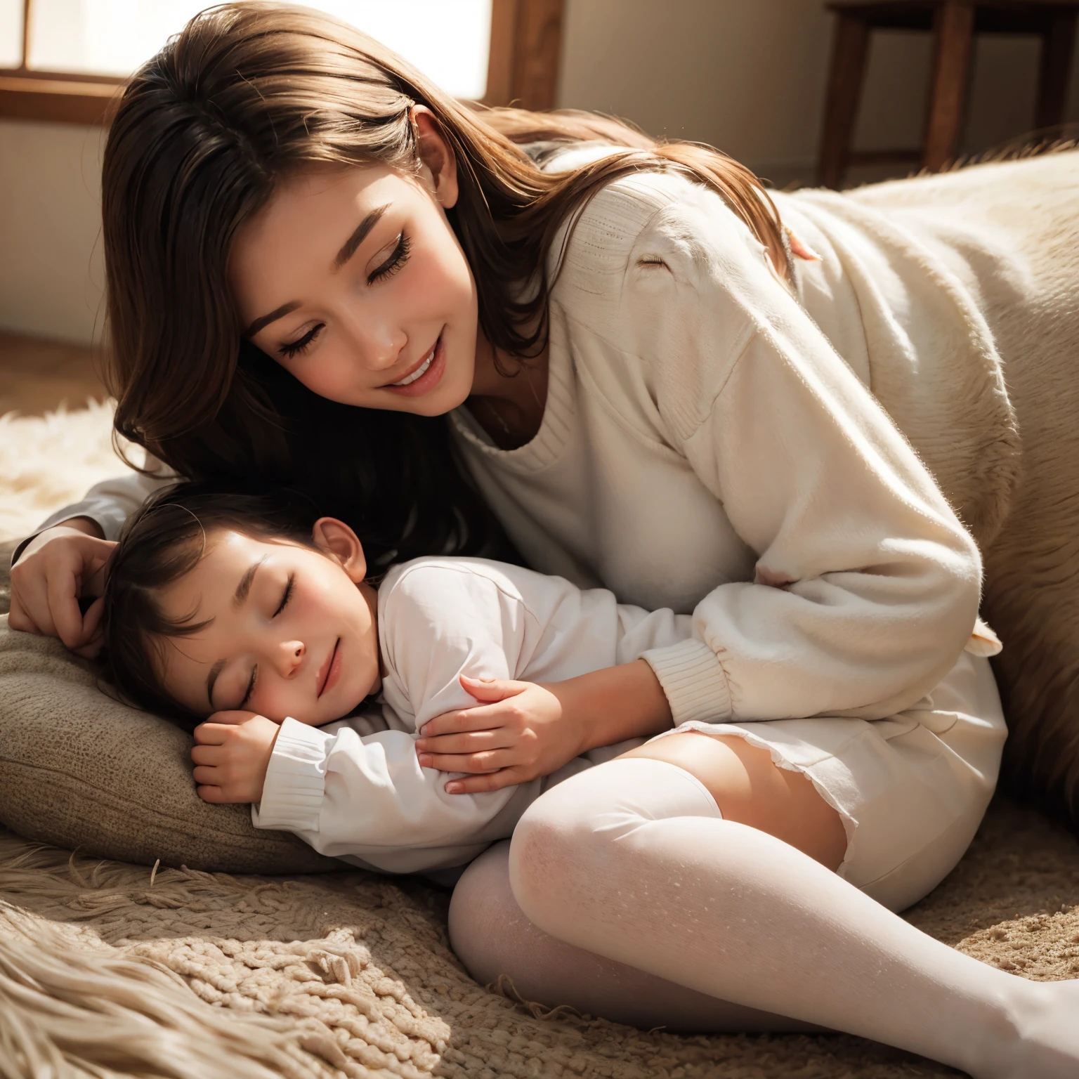 This is a cozy and happy image of ((a woman)) curled up next to an adorable calf. The woman is lovely with interesting and beautiful eyes and puffy lips. Her eyes are (colorful) and have interesting color combinations. The calf is sleepy and cute, with detailed eyes and cow markings. Include many cozy and peaceful details. Include warm, peaceful, pretty, elegant, baby cow, lovely  woman, smile lines, god rays, rays of light, shimmer, ((masterpiece)), best quality, ultra detailed. Perspective places the woman and the calf in the center of the image. Utilize dynamic composition and cinematic lighting techniques. (((The young cow is as important as the woman and should be perfect and cute.)))