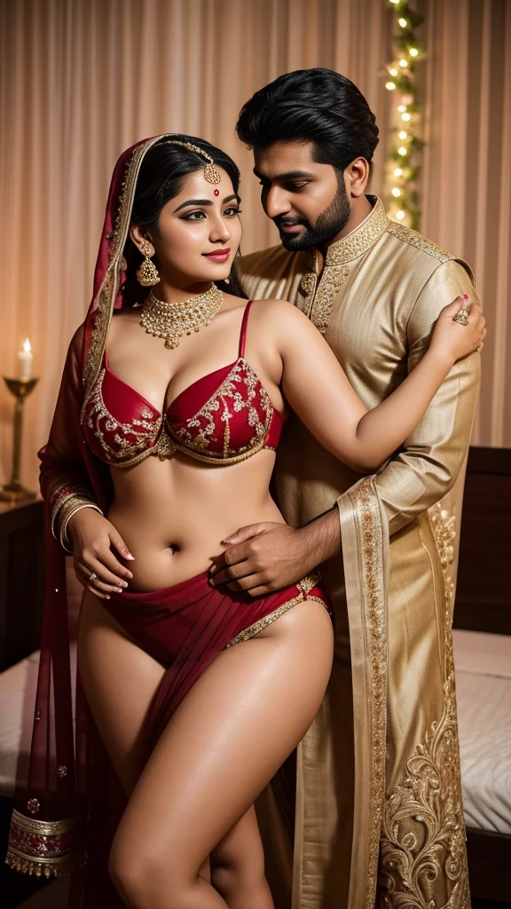 20yo  in first night photo first night in first night First night of marriage, Suhaag Raat with my husband masterpiece, (photorealistic:1.4), best quality, beautiful first night,Eleanor Woman 20yo Old Big Breasts, Plus Size Model lipstick Bun lHair Bun Hair Hair Lifts Skirt Up Raised bikini, wearing Sexy bikini plus size. First night of marriage, Suhaag Raat with my husband