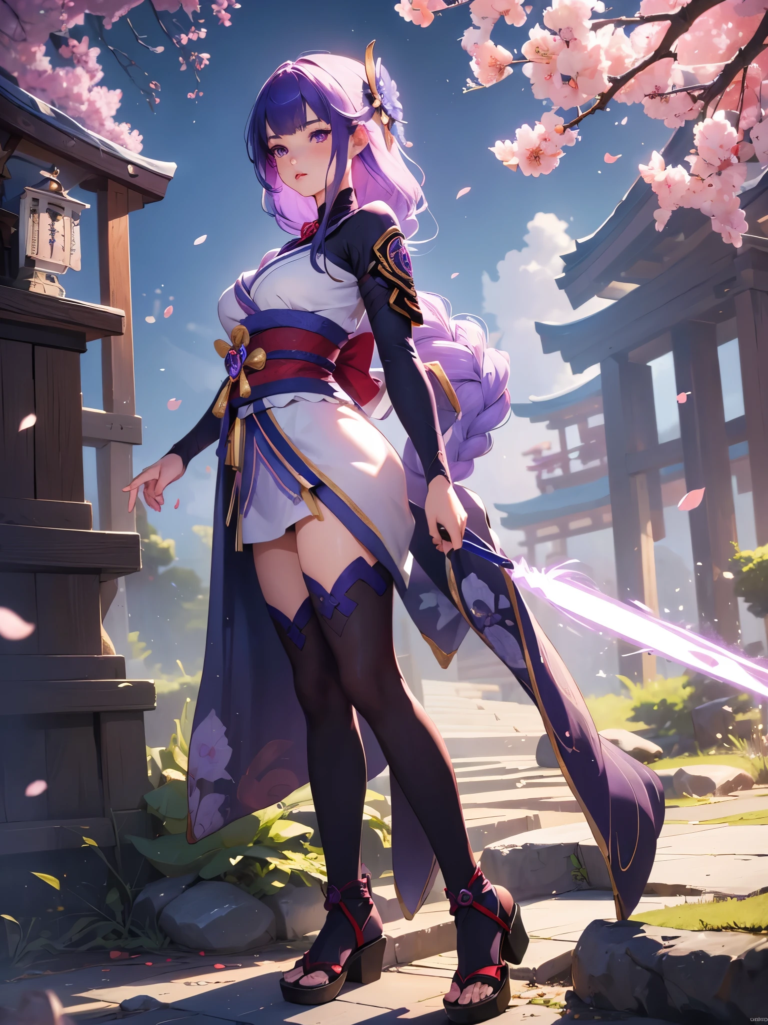 ((Full body image:1.4))Japanese Shrines, (highest quality，Realistic,masterpiece:1.2，8k wallpaper:1.2)，((Pale skin))，One Girl，women only，((Genshin Impact_Impact，General Raiden))，Lightning Particles，Purple Lightning，Light background，cherry blossoms，Purple Theme，Delicate facial features，Sexy and beautiful anime girls，General Raiden，Long purple hair，Rosy lips，Anime Mouth，shut up.，(Very sad face)，fine grain，Big breast type，
