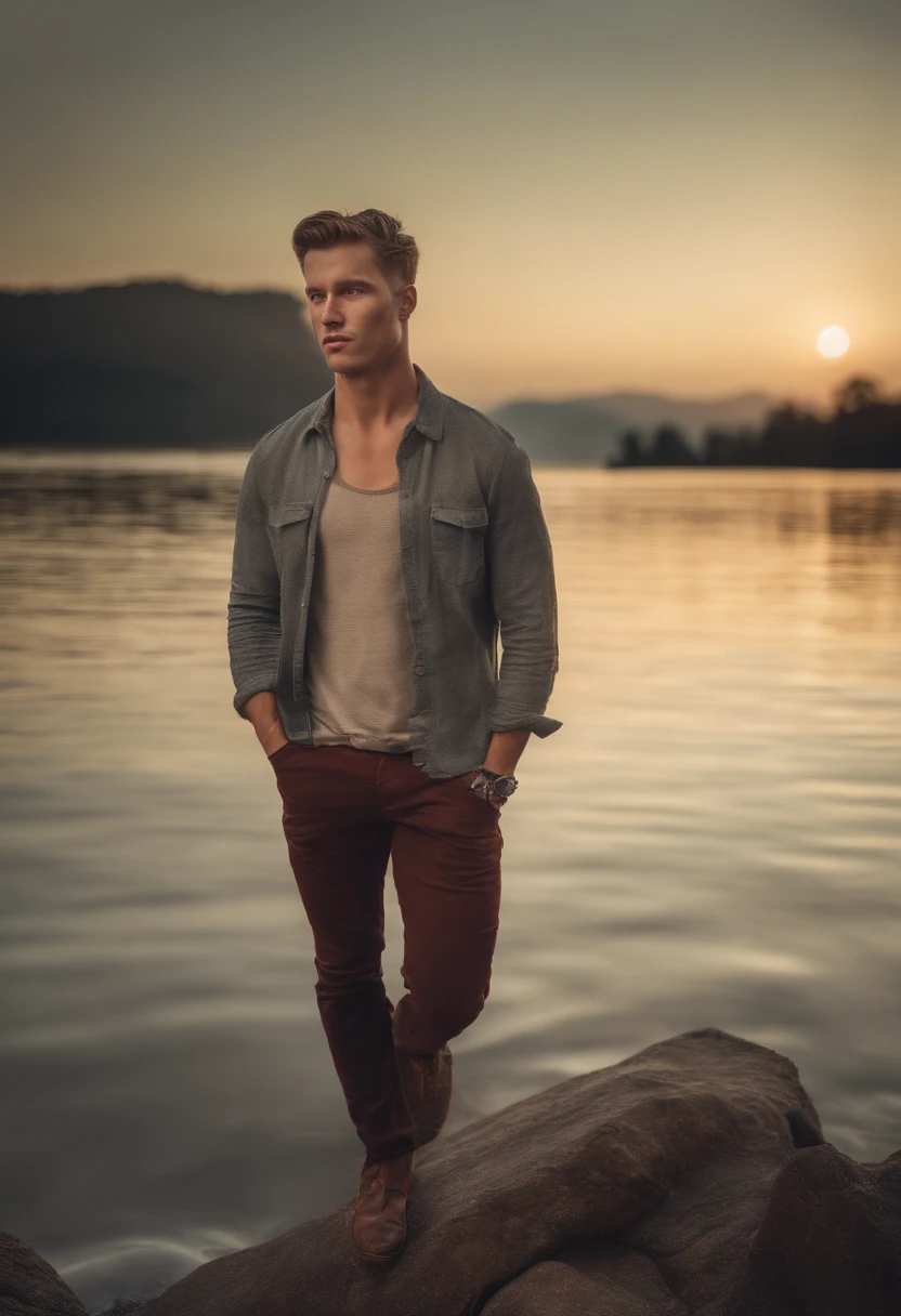 Hyper-realistic, ultradetailed, tmasterpiece. (a day at sea:1.3). Man, (22, Oval elongated face, undercut hairstyle:1.3), (standing in the water:1.4). (full body), burgundy t-shirt, bronze chain around the neck), (Brown hair:1.5), (mountains in the background:1.7)