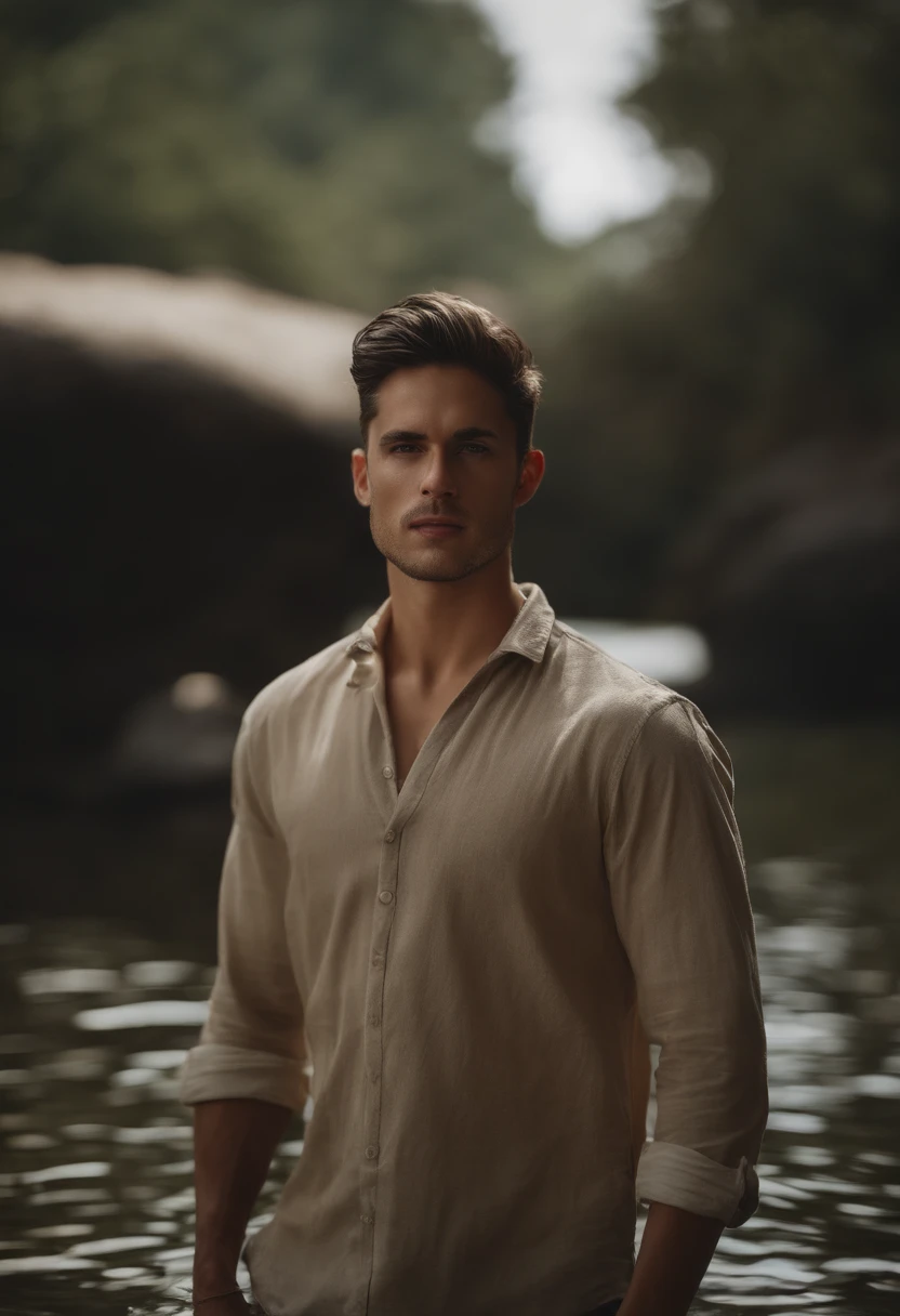 Hyper-realistic, ultradetailed, tmasterpiece. (a day at sea:1.3). Man, (22, Oval elongated face, undercut hairstyle:1.3), (standing in the water:1.4). (full body), burgundy t-shirt, bronze chain around the neck), (Brown hair:1.5), (mountains in the background:1.7)