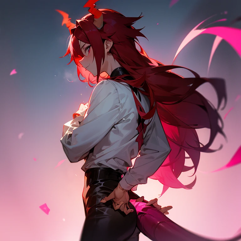Anime boy with red hair and pink demon horns followed by a pink demon tail
