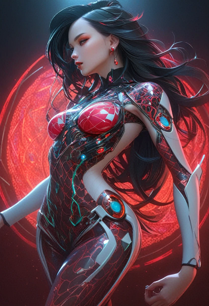 masterpiece, best quality,,(1girl:1.2) ,national_costume,science fiction,fang,(black long hair:1.2),, highly detailed, ultra detailed of a beautiful profile, biomechanical cyborg,deamon cyborg intricate, elegant, highly detailed, , sharp focus, red black hole, (red theme:1), MCSkin complex 3d render ultra detailed of a beautiful profile, biomechanical cyborg, beautiful natural soft rim light, , colorful details, , pearl earring, piercing, art nouveau fashion embroidered, intricate details, mesh wire, mandelbrot fractal, anatomical, facial muscles, cable wires, microchip, badass, hyper realistic, ultra detailed, octane render, volumetric lighting, 8k post-production, red and white with a bit of black, detailled metalic bones, semi human, iridescent colors, Glenn Brown style, black room, ,backlighting,cinema light,fficial art, unity 8k wallpaper, ultra detailed, beautiful and aesthetic, masterpiece, best quality, (zentangle, mandala, tangle, entangle), (fractal art:1.3) , 1girl, extremely detailed, dynamic angle, cowboyshot, the most beautiful form of chaos, elegant, a brutalist designed, vivid colours, romanticism, by james jean, roby dwi antono, ross tran, francis bacon, michal mraz, adrian ghenie, petra cortright, gerhard richter, takato yamamoto, ashley wood, atmospheric, ecstasy of musical notes, streaming musical notes visible