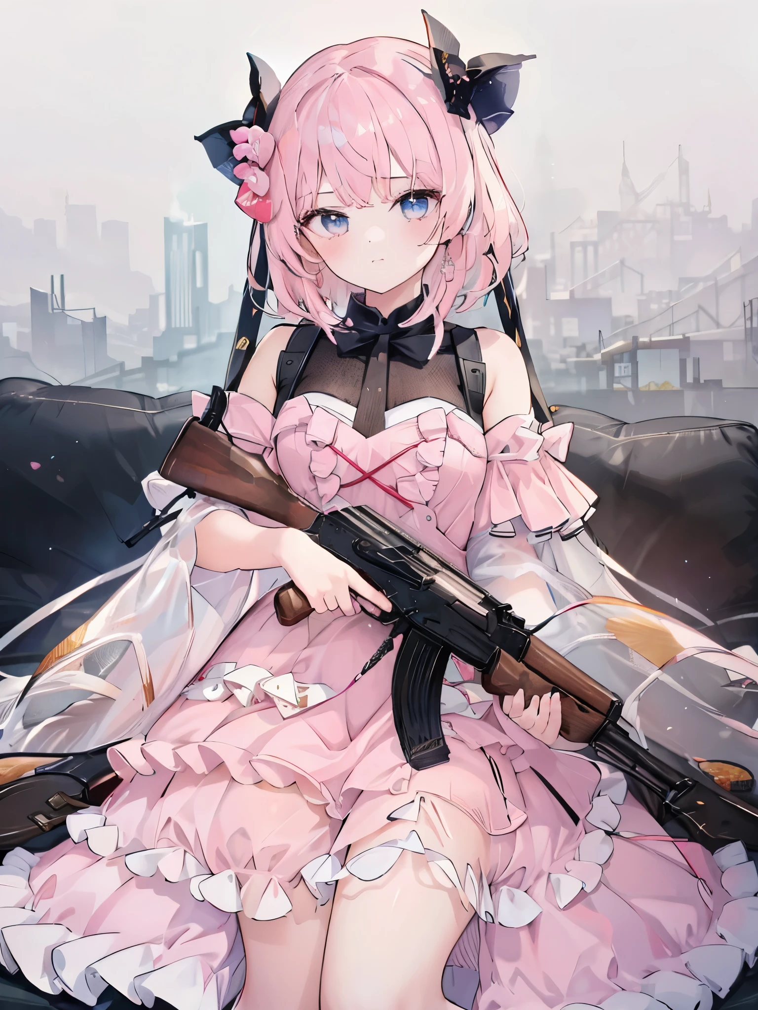 1girl, dress, idol costume, pink clothes, holding gun, rifle, layered skirt, pink hair, blue eyes, short hair