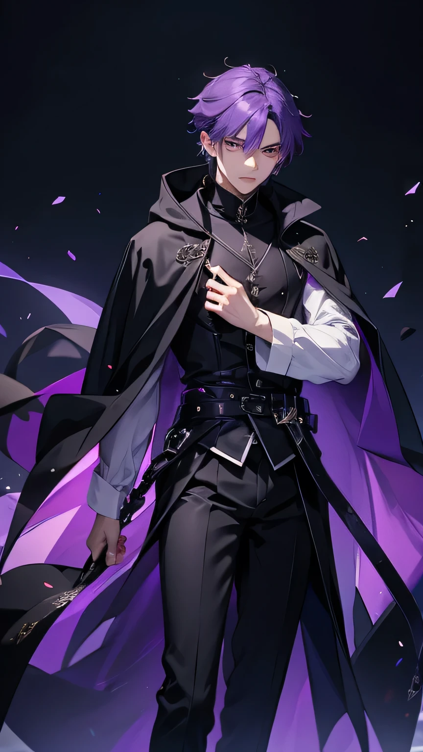 purple hair, black cloak, Black pants, 1 man