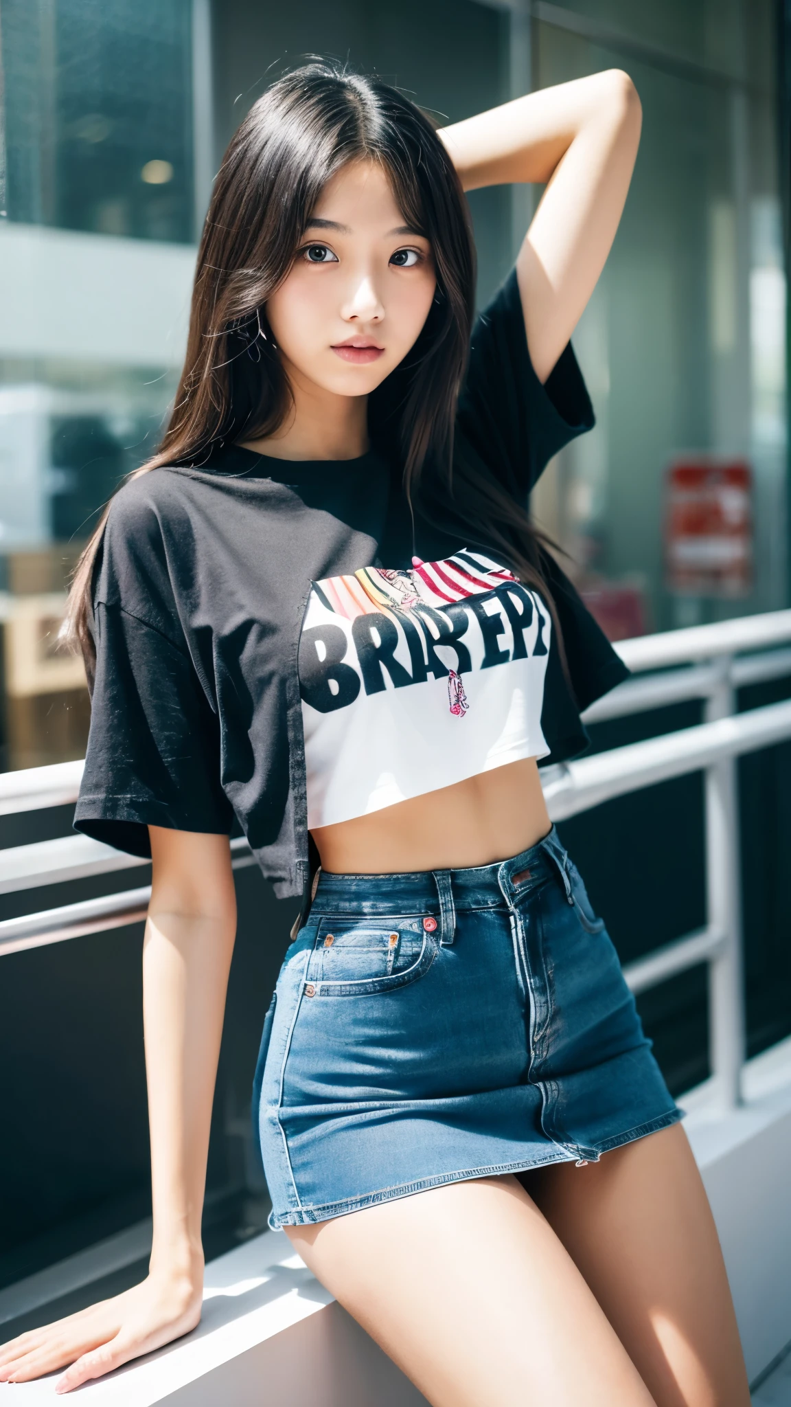 Tall 17 years old girl wear transparent t-shirt, wear black bra, denim mini skirt.