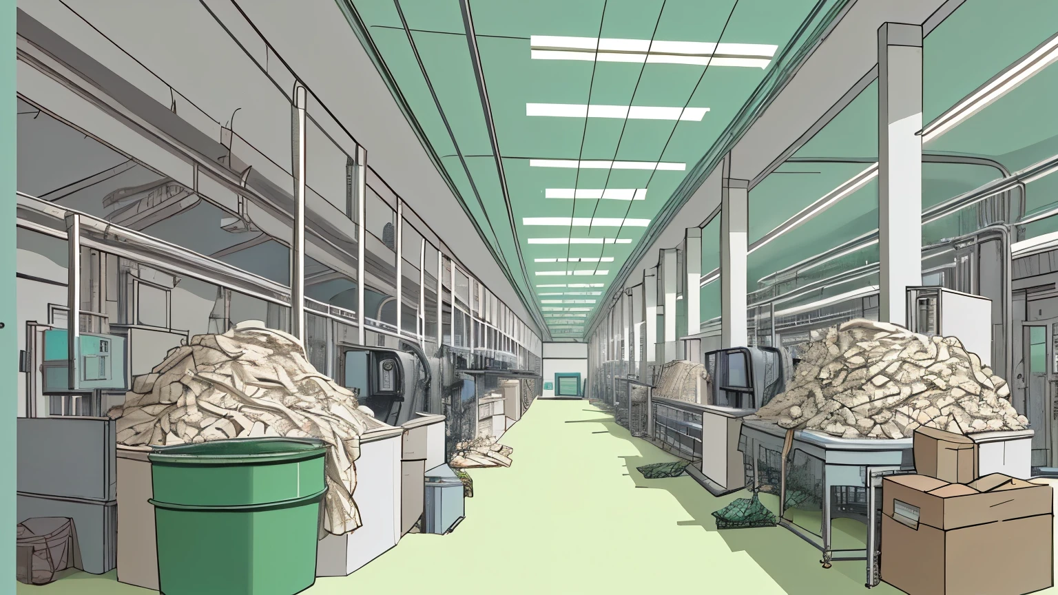 Please help me make a panoramic picture of the factory interior，Use a simple animation style，Minimize the use of lines，Reduce picture details：The interior of the factory is white.，Combined with less saturated green and blue，Make the factory environment look comfortable and peaceful，There are many operating machines and equipment inside。In the corner there are piles of clothes that have been sorted by color.。