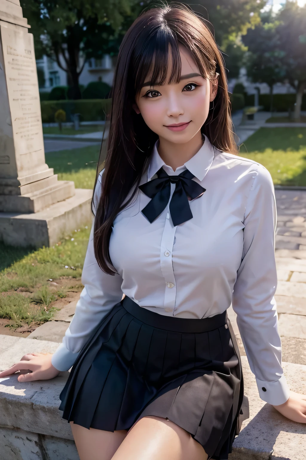 There is a woman who is in the cemiterio dawn, (8k, RAW photo, best quality, masterpiece: 1.2), (realistic, photo-realistic: 1.37), ultra-detailed, 1 girl, beautiful, solo, beautiful detailed sky, night, sitting, dating, (flushed nose), (smile: 1.1), medium breasts, beautiful detailed eyes, (collared shirt: 1.1), bow tie, pleated skirt,