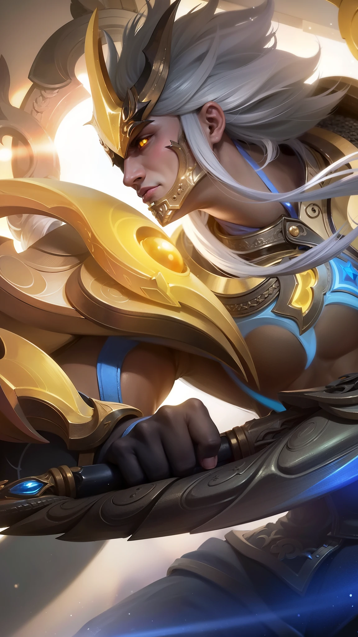 a close up of a man holding a sword in a sky, Masterpiece, ultra HD, detailed all picture, a close up of a devil, dyrroth from mobile legend, evil, extremely detailed artgerm, mobile legends character, inspired by Dyrroth, Six pack chest and abs, black jewel above the chest, light yellow eyes, glare, angry.
