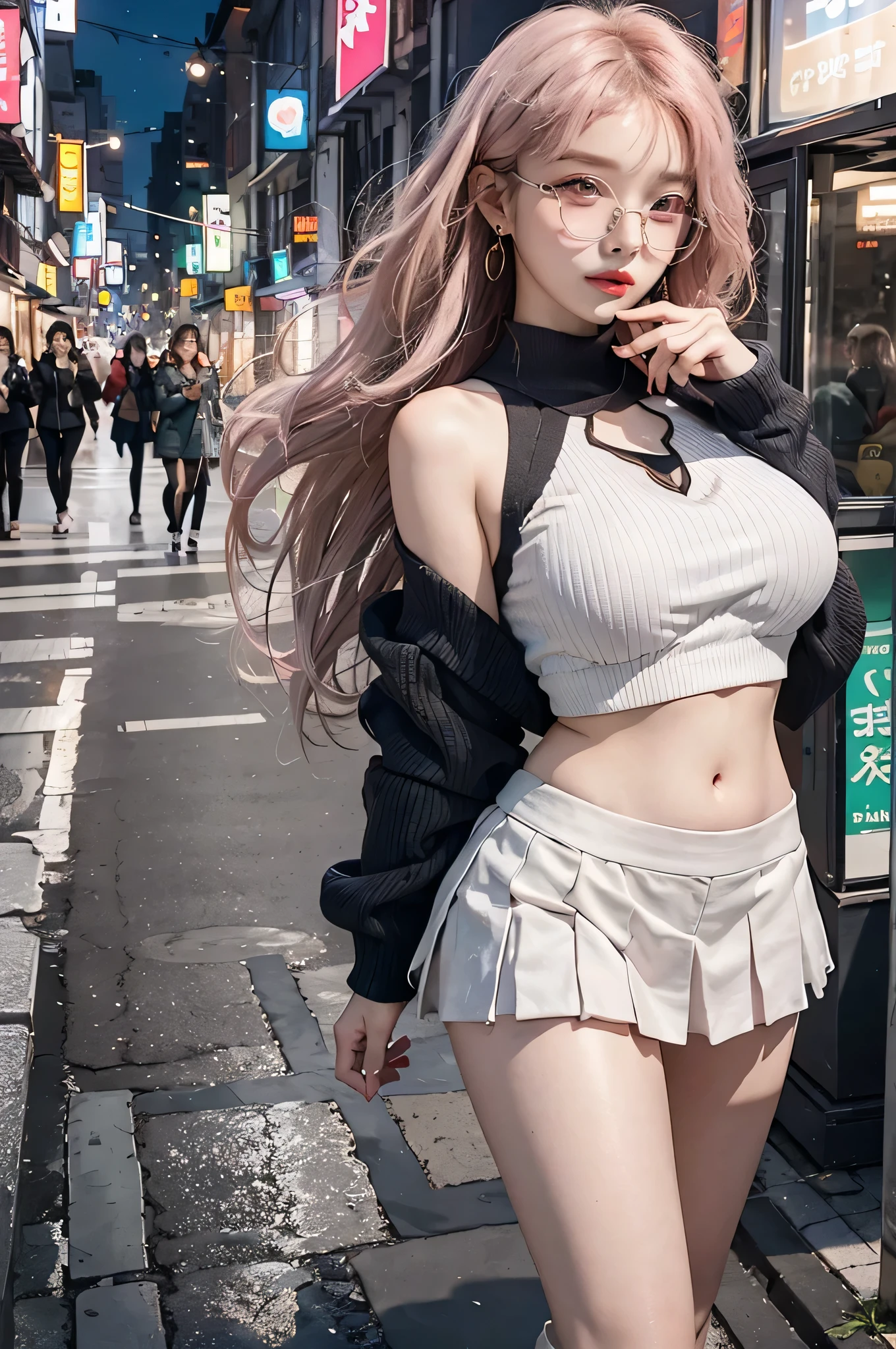 Top image quality、original photography、ultra high resolution、18 years old Korean、glasses beauty、huge :1.5、cleavage:1.6、healthy complexion、Fair and shiny skin、beautiful eyes,random colors、lips are very thin、Beautiful eyes、elongated eyes、pale pink blush、long eyelashes、beautiful double eyelids、eye shadow、earrings、(fashion glasses)