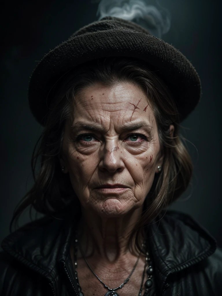 A highly detailed and hyper-realistic depiction of a disgusted old queen with scars and wrinkles on her face. The character is surrounded by mist, evoking a mysterious and eerie atmosphere. The lighting is dark and atmospheric, with a red smoke adding a touch of sinister ambiance. The image is of the best quality, with a resolution of 4k and HDR enhancement, showcasing the utmost level of detail and realism, sfw