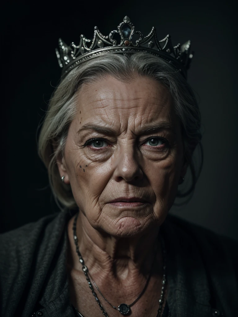 A highly detailed and hyper-realistic depiction of a disgusted old queen with scars and wrinkles on her face. The character is surrounded by mist, evoking a mysterious and eerie atmosphere. The lighting is dark and atmospheric, with a red smoke adding a touch of sinister ambiance. The image is of the best quality, with a resolution of 4k and HDR enhancement, showcasing the utmost level of detail and realism, sfw