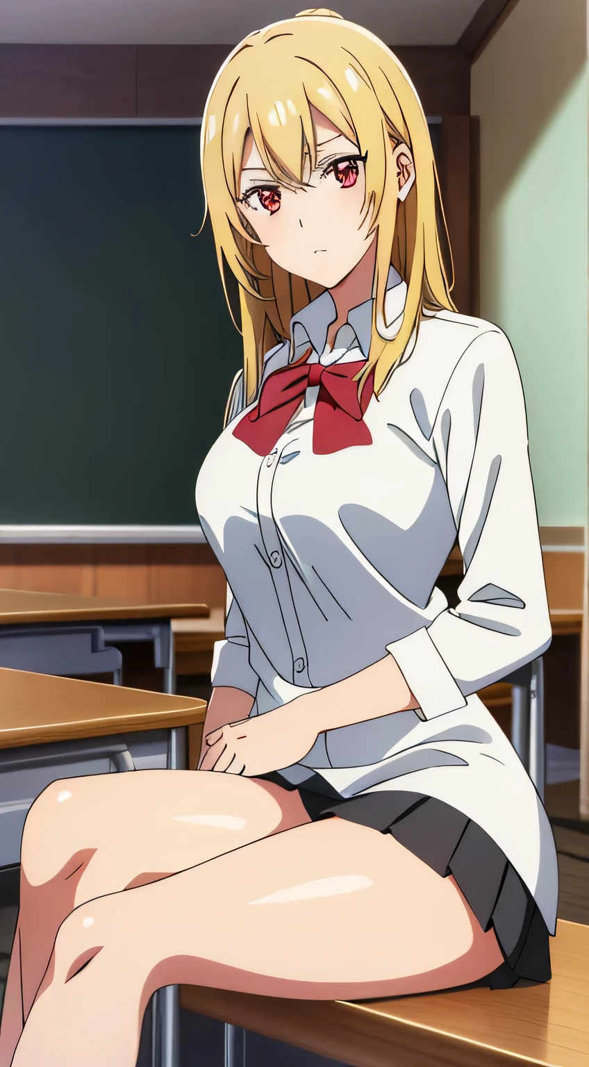 best quality, high resolution, 8K, anime art style, beautiful detailed eyes, extremely detailed face, soft expression, stylish pose, Angelica V4,1girl,solo,red eyes, (collared shirt, white shirt, miniskirt, panties,classroom, cowboy shot), looking at the audience, in the center of the image, beautiful large medium-sized breasts, beautiful face, slim waist, appealing, soft lighting,Crossing your legs, Sitting,tights