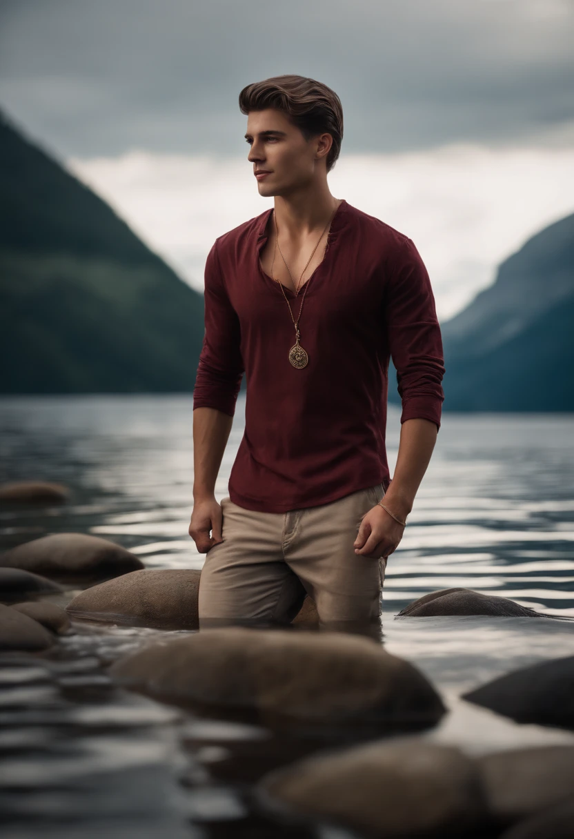 Hyper-realistic, ultradetailed, tmasterpiece. (a day at sea:1.3). Man, (22, Oval elongated face, undercut hairstyle:1.3), (standing in the water:1.4). (full body), burgundy t-shirt, bronze chain around the neck), (Brown hair:1.5), (mountains in the background:1.7)
