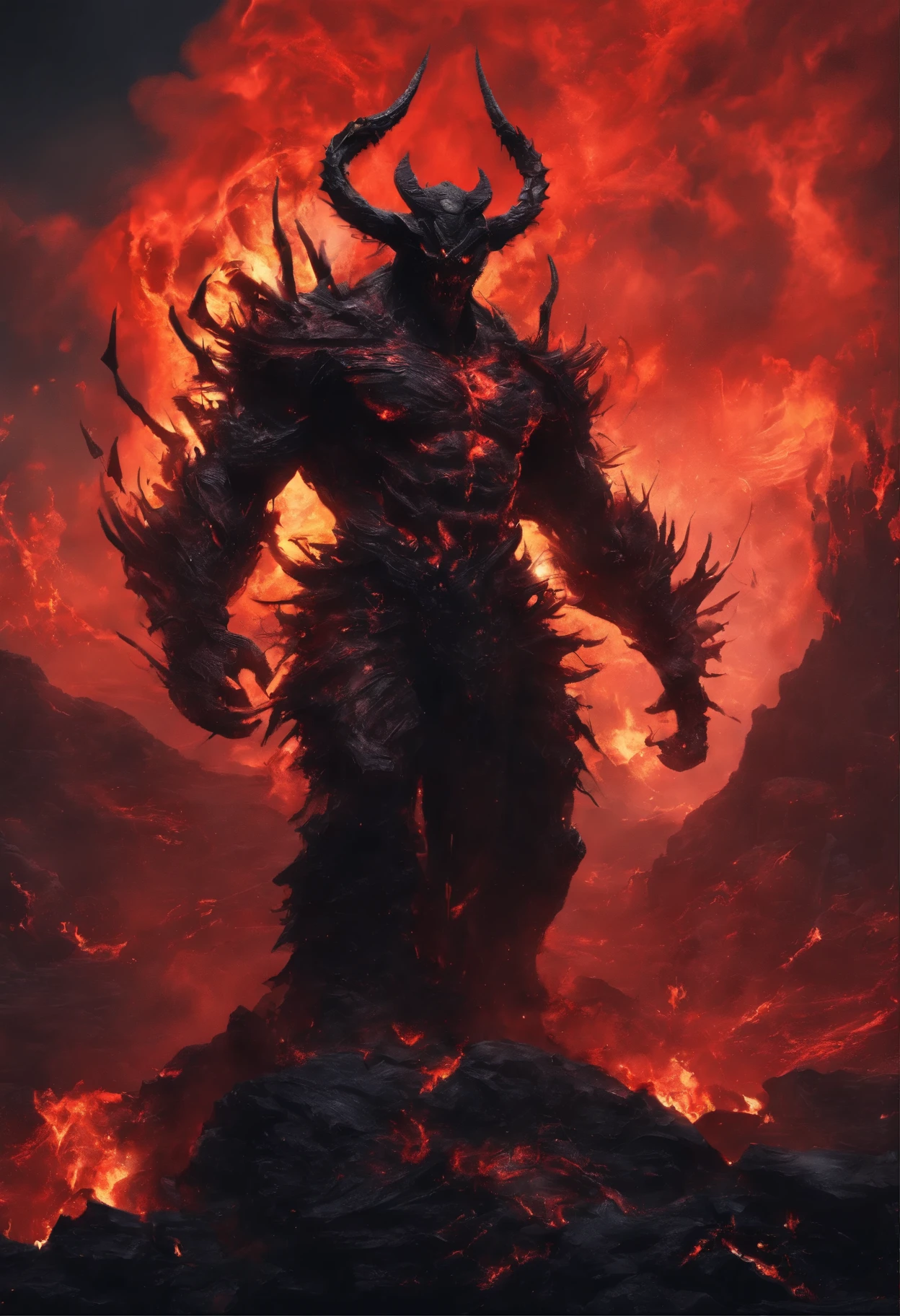 ((masterpiece, best quality, Highest image quality, high resolution, Reality, original photo, 8k)), ((Extremely detailed CG unified 8k wallpaper)), Demon statue made of black rock, Lava Demon, Spark Dance, Flames burst out from the torn body, Flame in the dark image, Red and black theme, Angry face,