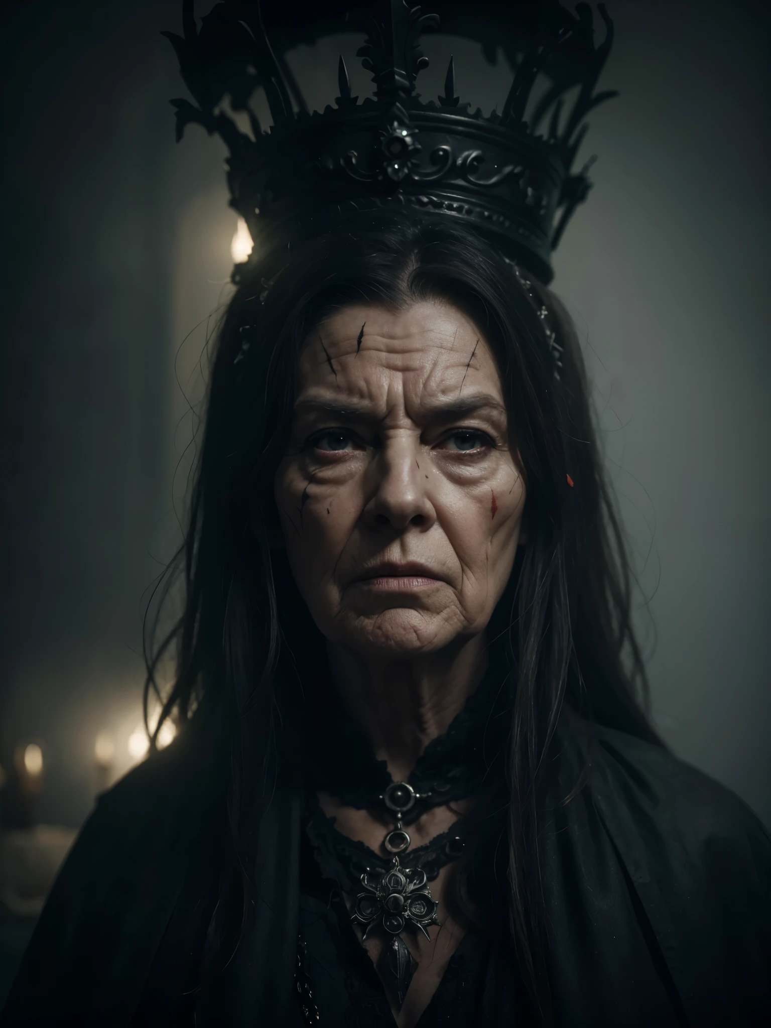 A highly detailed and hyper-realistic depiction of a disgusted old queen with scars and wrinkles on her face. The character is surrounded by mist, evoking a mysterious and eerie atmosphere. The lighting is dark and atmospheric, with a red smoke adding a touch of sinister ambiance. The image is of the best quality, with a resolution of 4k and HDR enhancement, showcasing the utmost level of detail and realism, sfw