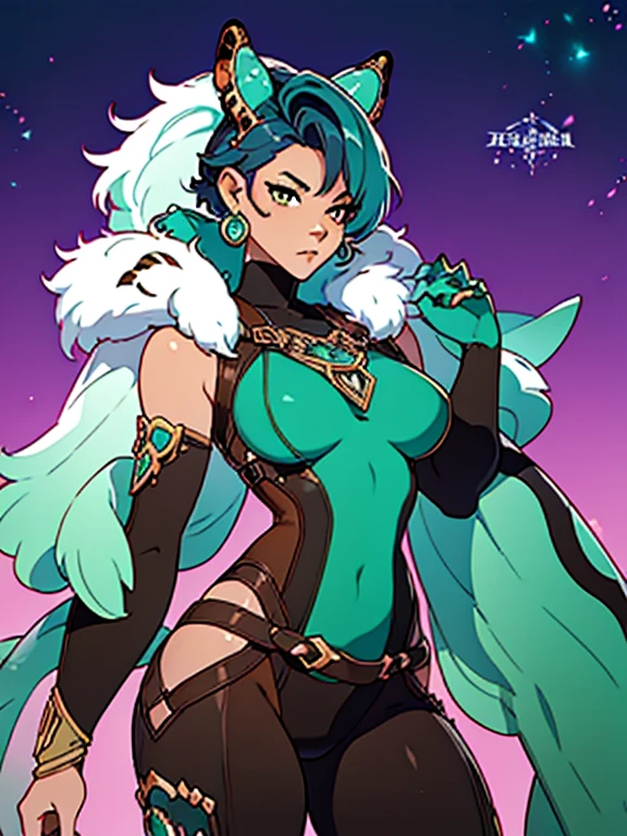 (Masterpiece: 1.5, best quality, high resolution: 1.3, super resolution, super detailed, ultra detailed: 1.3, rich background: 1.2, 1 woman)) lilac eyes + turquoise hair + very short hair + female body + medium chest + medium hips + thick thighs + Oni horns + quotes + curvy body (intricate sleeveless bodysuit, large fluffy fur coat, harness pants, minimal jewelry, tiger skin) (happy, elevated expression, illuminated background , turquoise rays, close view) (colors for clothing and accessories: white, black, turquoise, brown, orange)