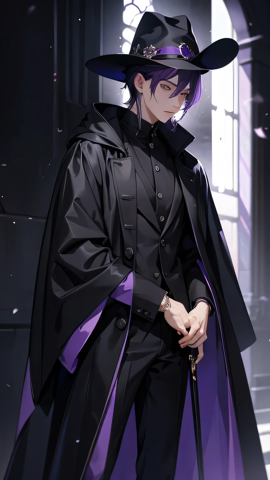 purple hair, Black hat, black cloak, Black pants, 1 man