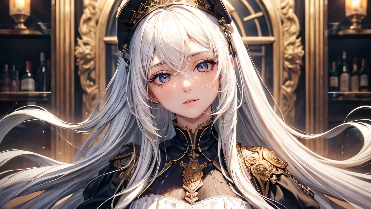 (oil, masterpiece, highest quality, Super detailed, Focus on the characters), One female,Long white hair,dress,Detailed hair depiction,Bar,([return:0.8]|[ face facing returnwards:1.1]), ,([Stylish Bar Scenario:1.2]|[ ground:1.3]| [High Contrast:1.1])  