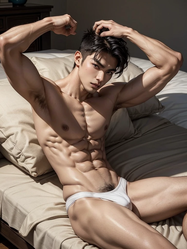 Masterpiece, Best Quality, Solo, Asian Model Men, muscular, white skin, bedroom background, lying on the bed, good lighting, Natural eyes, Short and delicate black hair, Sexy Man, looking at the viewer, shirtless, sexy bikini, Small plots, Muscular posture, pubes, smooth armpit