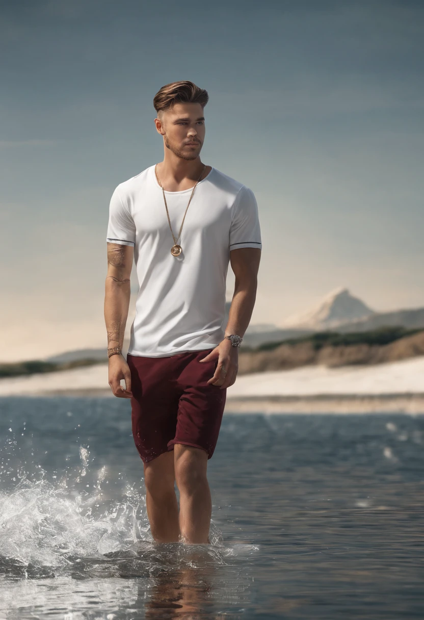 Hyper-realistic, ultradetailed, tmasterpiece. (a day at sea:1.3). Man, (22, Oval elongated face, undercut hairstyle:1.3), (standing in the water:1.4). (full body), burgundy t-shirt, bronze chain around the neck), (Brown hair:1.5), (mountains in the background:1.7)