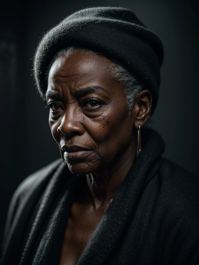 A highly detailed and hyper-realistic depiction of a disgusted old black skin queen with scars and wrinkles on her face. The character is surrounded by mist, evoking a mysterious and eerie atmosphere. The lighting is dark and atmospheric, with a red smoke adding a touch of sinister ambiance. The image is of the best quality, with a resolution of 4k and HDR enhancement, showcasing the utmost level of detail and realism, sfw