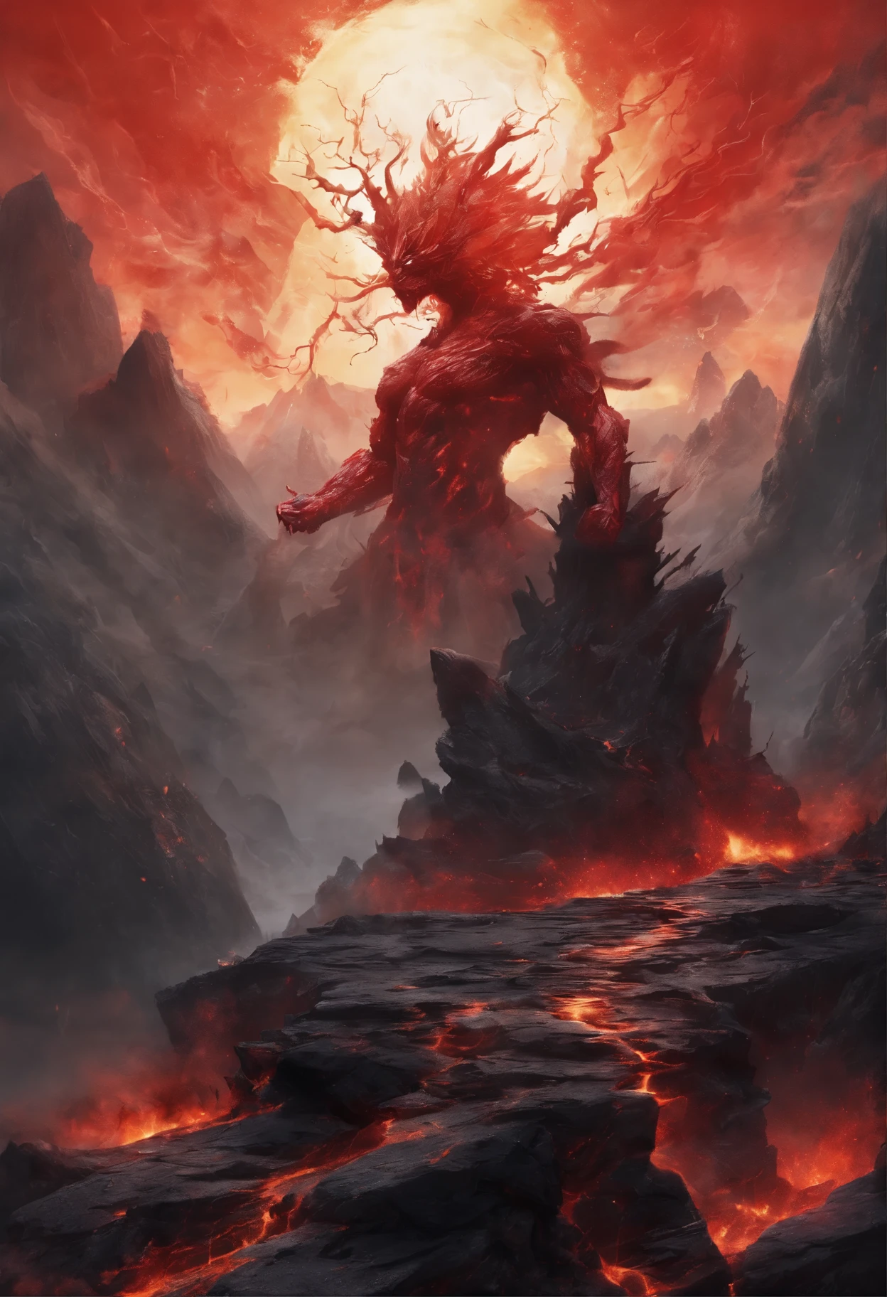 ((masterpiece, best quality, Highest image quality, high resolution, Reality, original photo, 8k)), ((Extremely detailed CG unified 8k wallpaper)), Demon statue made of black rock, Lava Demon, Spark Dance, Flames burst out from the torn body, Flame in the dark image, Red and black theme, Angry face,