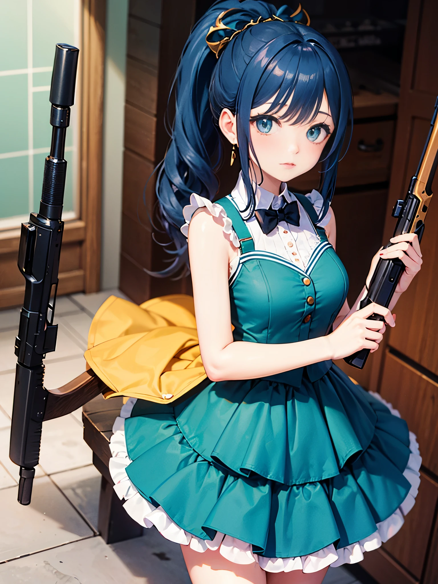 1girl, dress, ((idol costume)), teal clothes, holding gun, ((shotgun)), layered skirt, teal hair, black eyes, ponytail