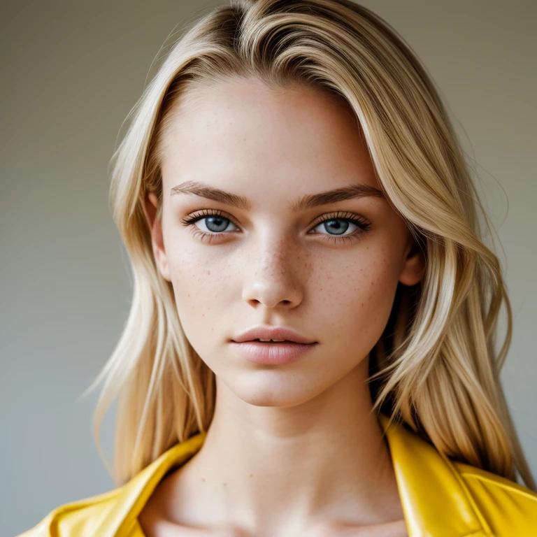 (medium shot editorial Front photo oF 18 yo woman, Cheveux blond, slim latinas sweetheart), (Freckles:0.9), (Full lips) fermer, (jaune) yeux, lancer, Realistic[:, (Film grain, 25mm, F/1.2, doF, Bokeh, beautiFul symmetrical Face, perFect sparkling yeux, well deFined pupils, high contrast yeux, ultra detailed skin, pores de la peau, cheveux laineux, grand , ventre sexy, mamelons durs, sexy, Fabric stitching, Fabric texture, grain de bois, Texture de pierre, Finely detailed Features:1):0.9]