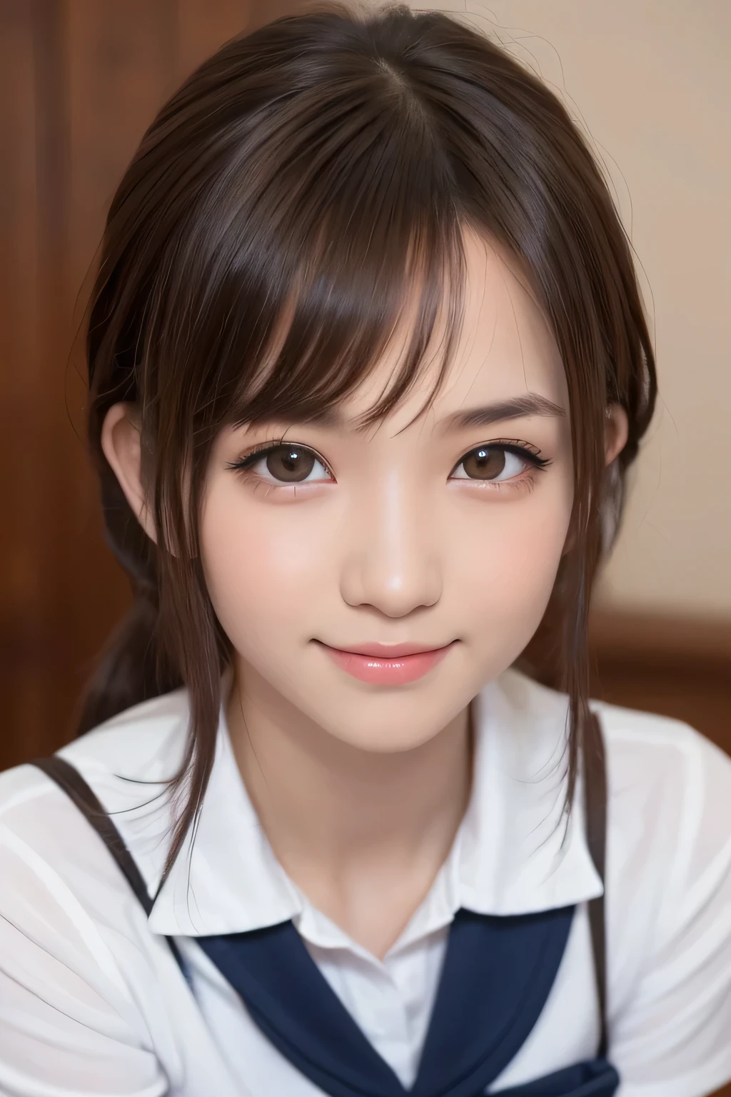 one girl, (A beauty girl, Delicate girl:1.3), (14 years old, cute:1.3), break, (One piece school uniform:1.3), break, Cleavage, break, Very fine grain definition, (Symmetrical eyes:1.3), break, (bedroom:1.2), break, Large Breasts, Brown eyes, Parted bangs, Brown Hair, ponytail, break, (Smile, Strike a cute pose;1.3), break, (Eyes and facial details:1.0), break, (masterpiece, highest quality, Super detailed, Detailed face, 8k)
