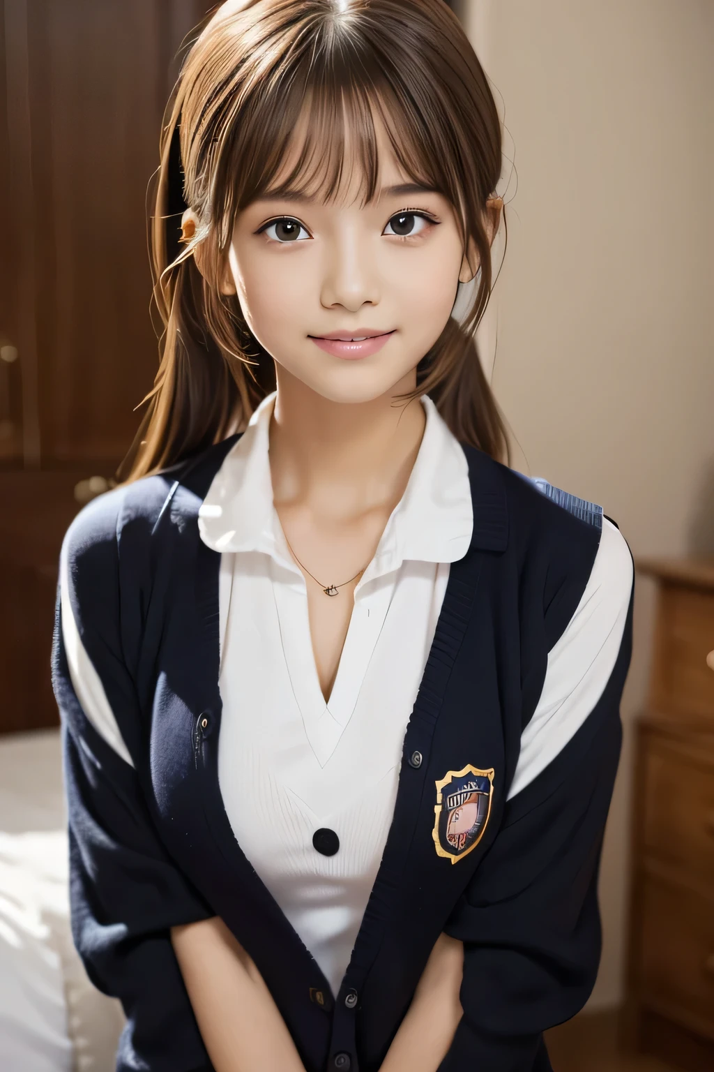 one girl, (A beauty girl, Delicate girl:1.3), (14 years old, cute:1.3), break, (One piece school uniform:1.3), break, Cleavage, break, Very fine grain definition, (Symmetrical eyes:1.3), break, (bedroom:1.2), break, Large Breasts, Brown eyes, Parted bangs, Brown Hair, ponytail, break, (Smile, Strike a cute pose;1.3), break, (Eyes and facial details:1.0), break, (masterpiece, highest quality, Super detailed, Detailed face, 8k)