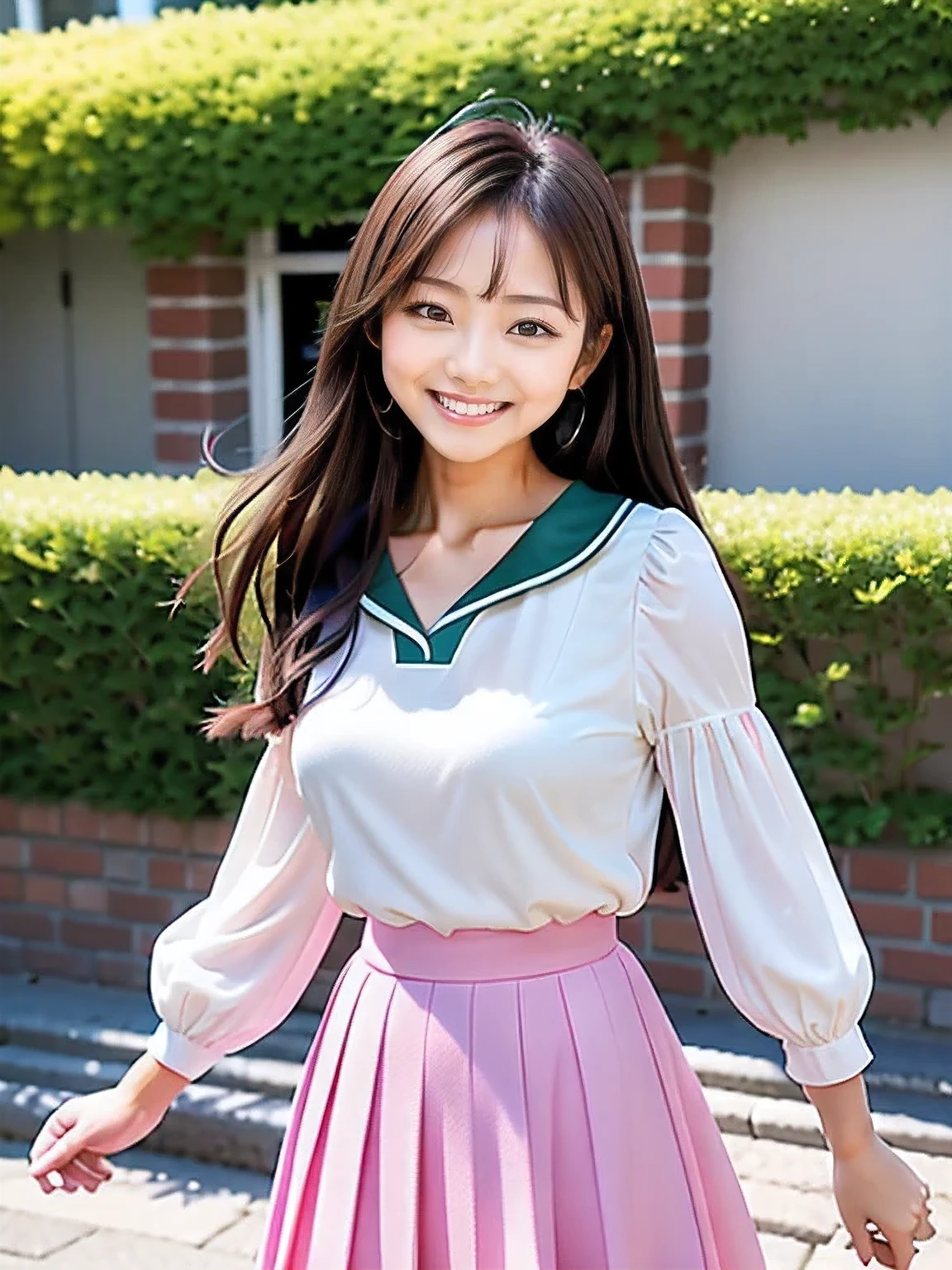 masterpiece, best quality, Highest image quality、Cute One Woman、looking at camera、big smile、straight hairstyle with a little longer, wearing an oversized beautiful office casual, (cute school uniform:1.2), Posing for the camera, Jumping and posing, forehead is hidden by bangs, wearing spring clothes, Wearing a pastel colored V-neck blouse with long sleeve, pleated skirt, A face faithful to LoRA, cafe, sunny, Jumping and running