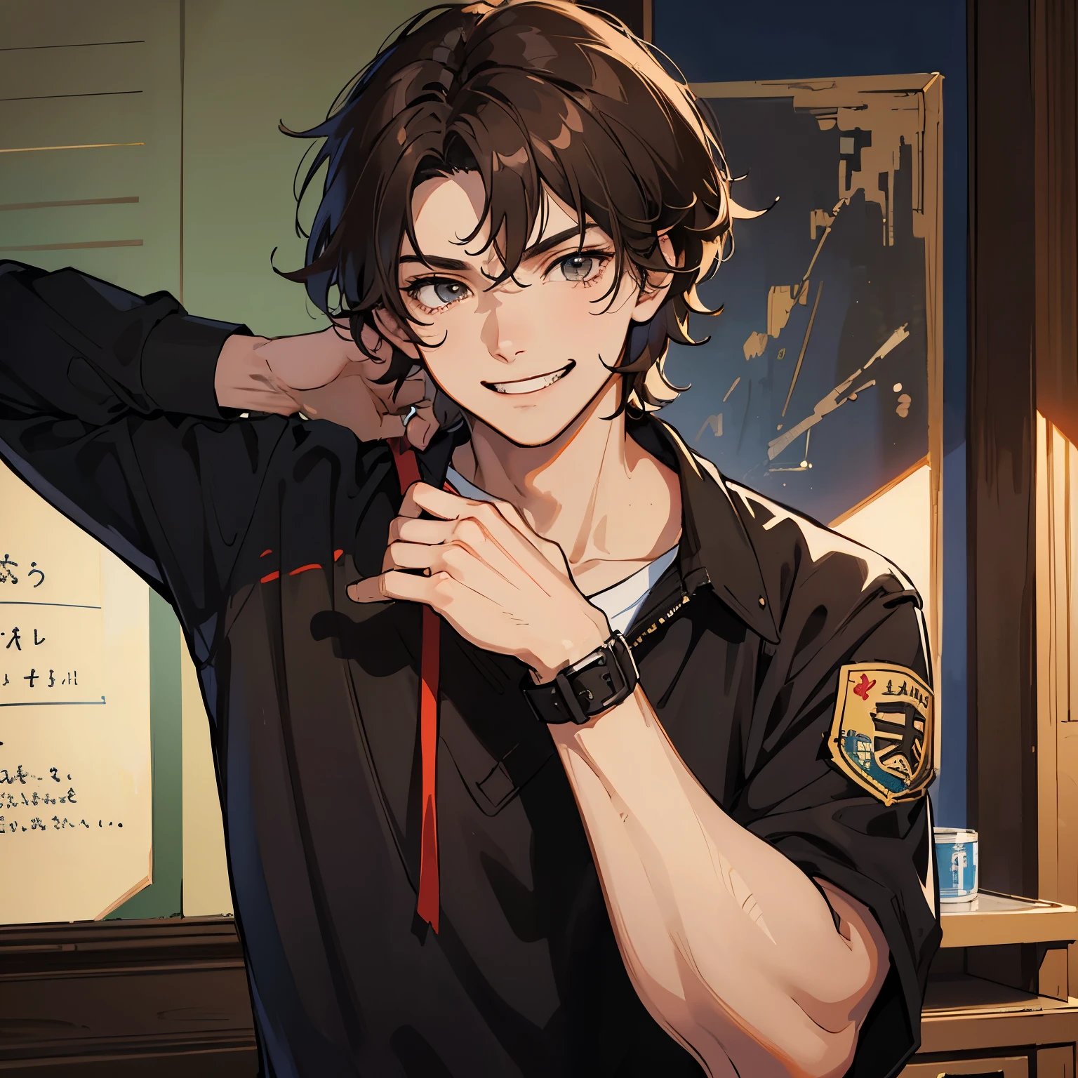 ((best quality)), ((masterpiece)), (detailed), dark brown short messy hair, school background, handsome, teenage boy, cocky, grinning playfully, smug, laid back eyes, troublemaker, band-aid on face