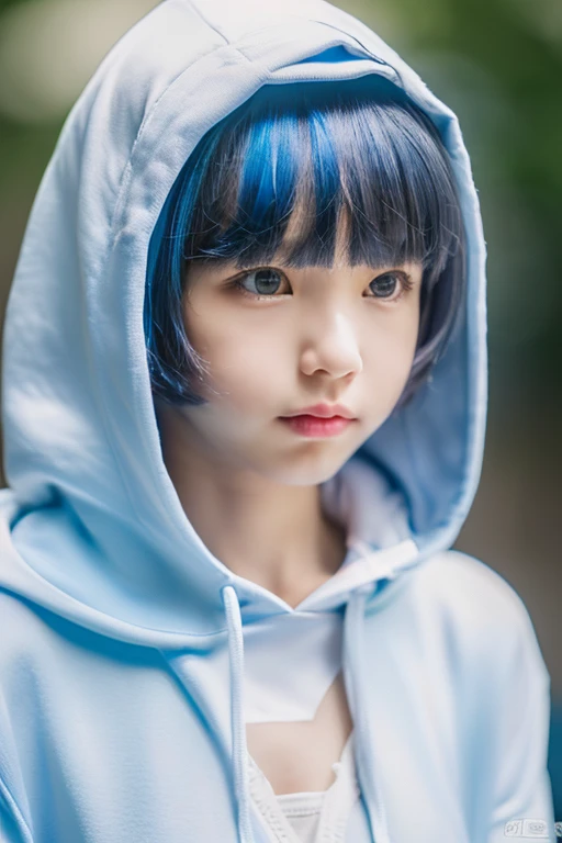 (masterpiece, best quality:1.2), 1girl, solo,(((short hair、Heavy bangs、Light blue hair、8k)))((beautiful, delicate, Shiny and smooth hair)),((Height 145cm、boyish、Cute face 、A cup breasts、Immature, young body type、Wearing a hoodie、boyishな服装))
