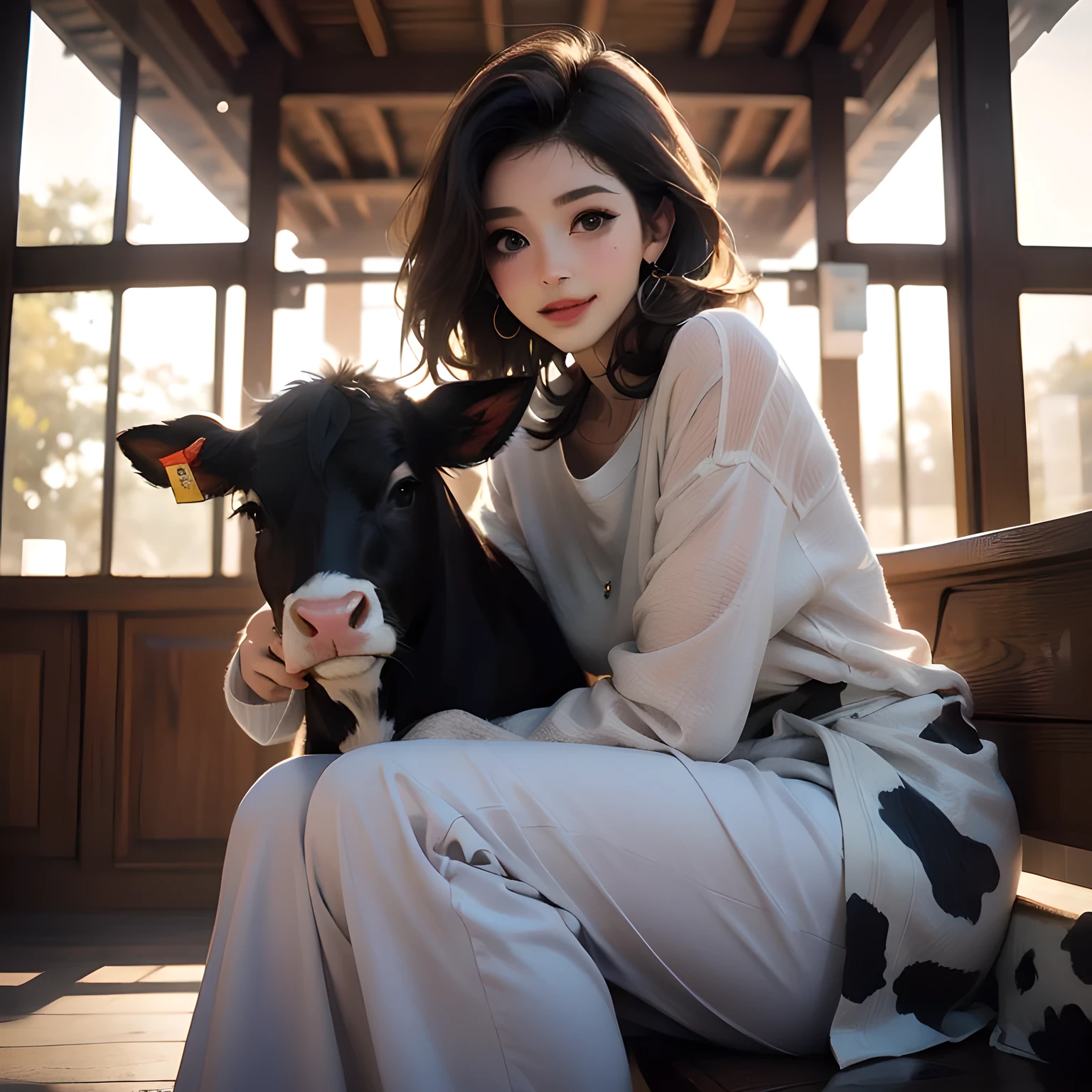 This is a cozy and happy image of ((a woman)) curled up next to an adorable calf. The woman is lovely with interesting and beautiful eyes and puffy lips. Her eyes are (colorful) and have interesting color combinations. The calf is sleepy and cute, with detailed eyes and cow markings. Include many cozy and peaceful details. Include warm, peaceful, pretty, elegant, baby cow, lovely  woman, smile lines, god rays, rays of light, shimmer, ((masterpiece)), best quality, ultra detailed. Perspective places the woman and the calf in the center of the image. Utilize dynamic composition and cinematic lighting techniques. ((cute baby cow)), perfect cow