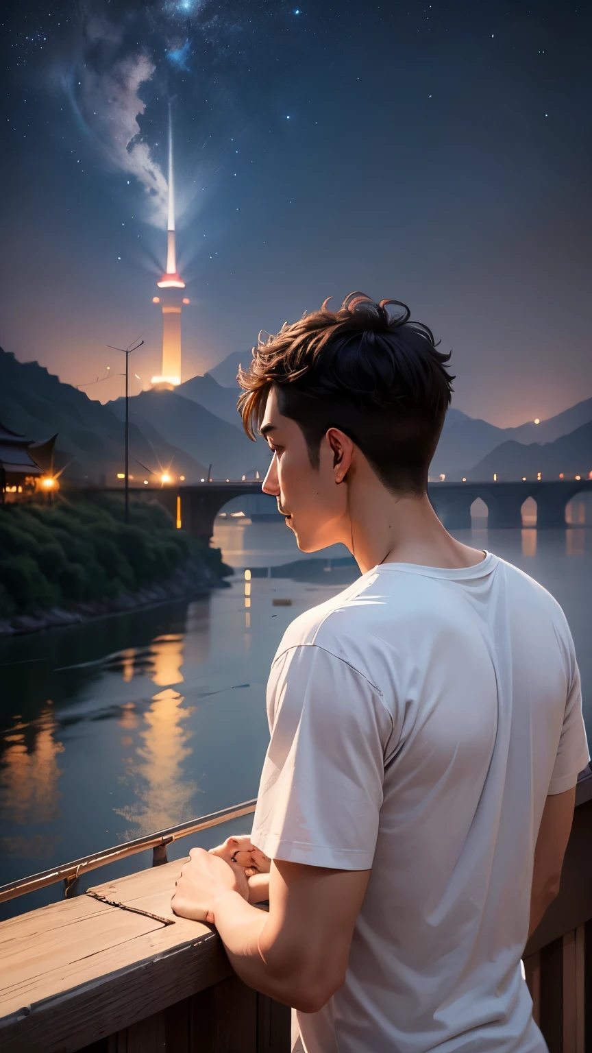 a man wearing white t shirt, standing on a yangtze river bridge, looking at the river with a cat looks at the river below, the sky is full of stars at night and full moonlight