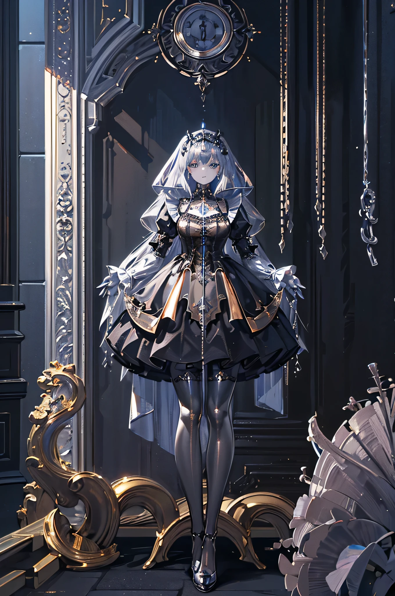 (8k, HD, best quality, intricate details, dark colors, masterpiece: 1.2) an emotionless golem robot maid made of iron stands waiting for orders, (humanoid golem:1.1) victorian maid uniform, (metallic silver skin:1.7), lamp eyes, gray hair, living room background, castle setting