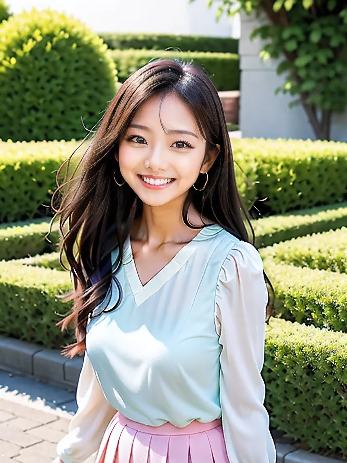 masterpiece, best quality, Highest image quality、Cute One Woman、looking at camera、big smile、straight hairstyle with a little longer, wearing an oversized beautiful office casual, (cute school uniform:1.2), Posing for the camera, Jumping and posing, forehead is hidden by bangs, wearing spring clothes, Wearing a pastel colored V-neck blouse with long sleeve, pleated skirt, A face faithful to LoRA, cafe, sunny, Jumping and running