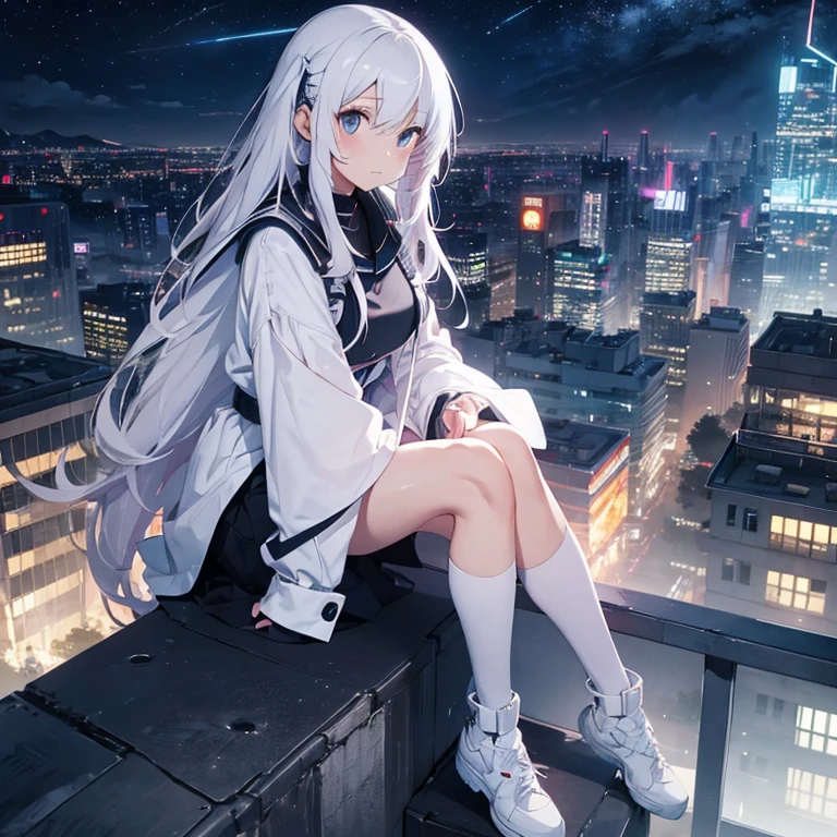 cyber punk　Colorful night view　Beautiful girl with super long white hair　Rooftop　Sitting　White clothes