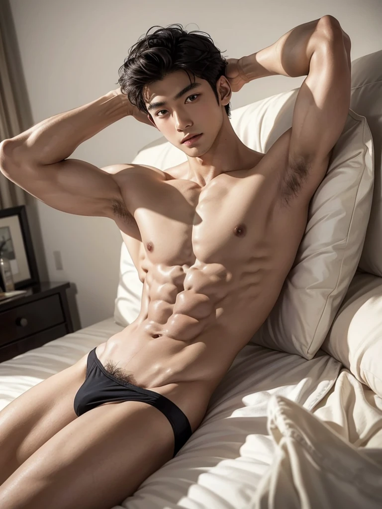 Masterpiece, Best Quality, Solo, Asian Model Men, muscular, white skin, smooth underarm, bedroom background, lying on the bed, good lighting, Natural eyes, Short and delicate black hair, Sexy Man, looking at the viewer, shirtless, sexy bikini, Small plots, Muscular posture, pubes