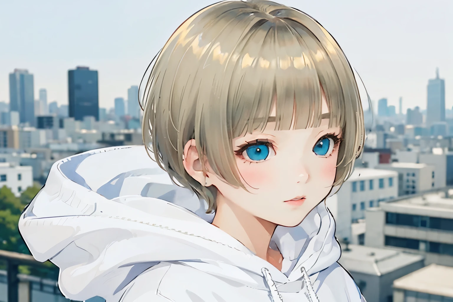 profile, blonde、short hair、girl 1、close up of face、city、composition from above、fashion、blonde hair、Short Mash Hair、、wearing a plain white hoodie、wearing black sneakers、turquoise eyes、black shorts、Look to the side、Looking straight ahead、profile