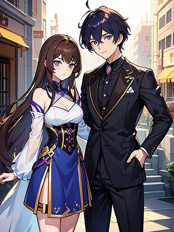 Female amd male anime characters standing side by side, anime couple, male character have 180cm height, brown hair, blue eyes, wearing black tuxedo. Female character have 135cm height, long brown hair, blue eyes, wearing an elegant black and purple dress, she is a lot shorter than the male character, maybe as high as the man's chest. For male character reference is based on zhongli from genshin impact game, and for female character reference is based on illyasviel von eisenberg from fate anime series