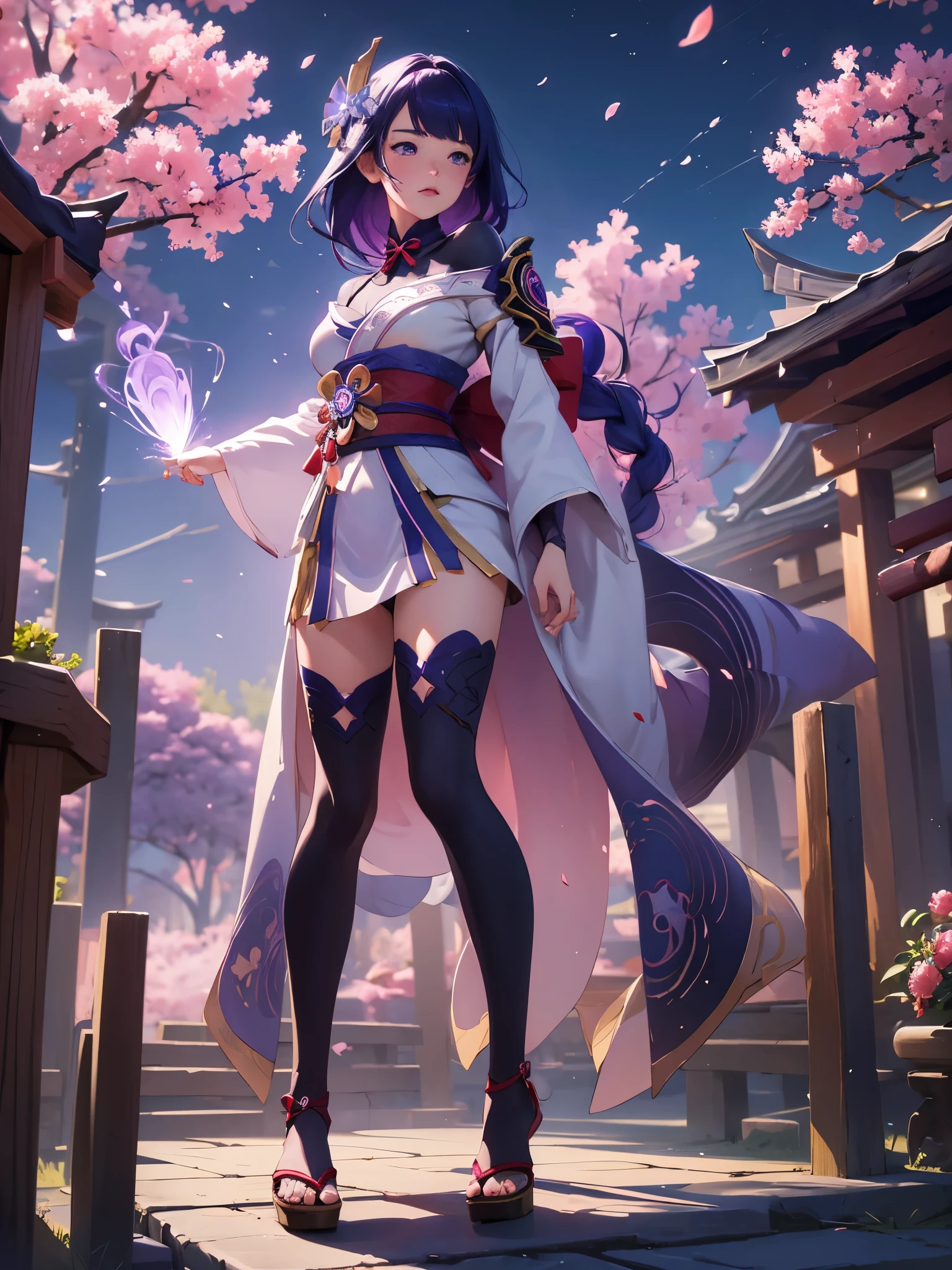 ((Full body image:1.4))Japanese Shrines, (highest quality，Realistic,masterpiece:1.2，8k wallpaper:1.2)，((Pale skin))，One Girl，women only，((Genshin Impact_Impact，General Raiden))，Lightning Particles，Purple Lightning，Light background，cherry blossoms，Purple Theme，Delicate facial features，Sexy and beautiful anime girls，General Raiden，Long purple hair，Rosy lips，Anime Mouth，shut up.，(Very sad face)，fine grain，Big breast type，
