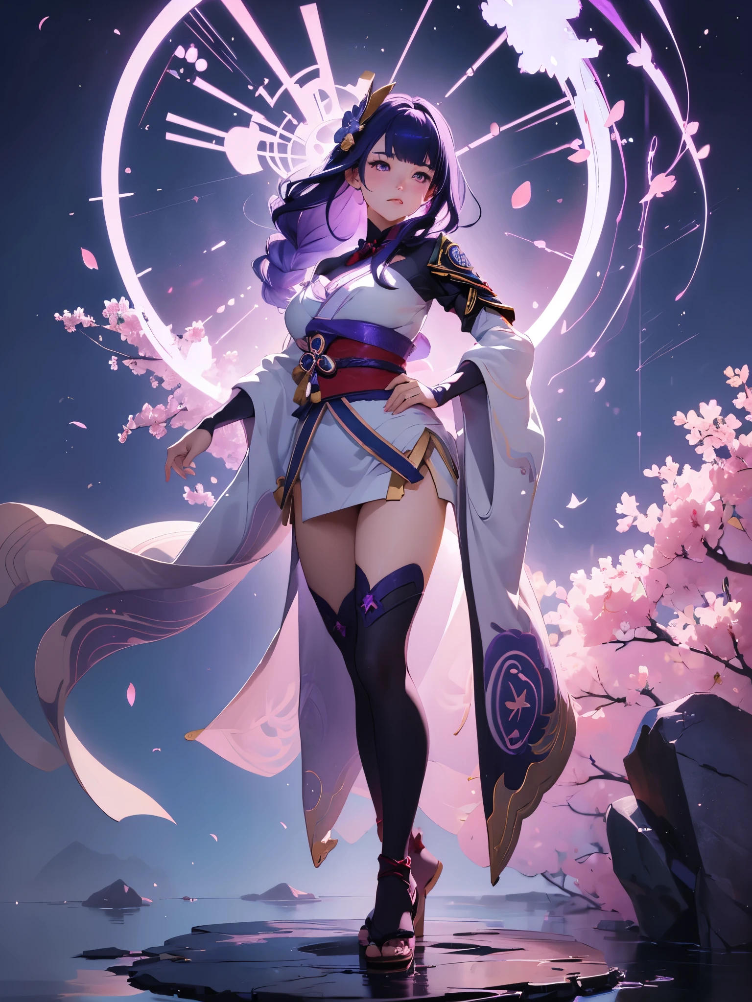 ((Full body image:1.4))Japanese Shrines, (highest quality，Realistic,masterpiece:1.2，8k wallpaper:1.2)，((Pale skin))，One Girl，women only，((Genshin Impact_Impact，General Raiden))，Lightning Particles，Purple Lightning，Light background，cherry blossoms，Purple Theme，Delicate facial features，Sexy and beautiful anime girls，General Raiden，Long purple hair，Rosy lips，Anime Mouth，shut up.，(Very sad face)，fine grain，Big breast type，
