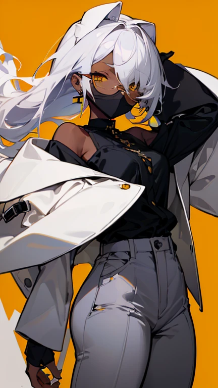 (highest quality、masterpiece:1.2) 1 woman, (Dark skinned woman, hair over one eye), white hair, yellow Eyes, (little glasses), ((white tailored jacket, black shirt, pants)), smiling eye, (cleavag), little earring, (off shoulder), leather gloves, mouth mask, wariza