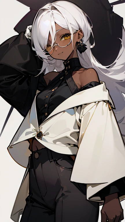 (highest quality、masterpiece:1.2) 1 woman, (Dark skinned woman, hair over one eye), white hair, yellow Eyes, (little glasses), ((white tailored jacket, black shirt, pants)), smiling eye, (cleavag), little earring, (off shoulder), leather gloves, mouth mask, wariza