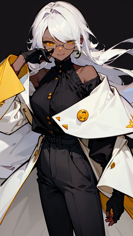 (highest quality、masterpiece:1.2) 1 woman, (Dark skinned woman, hair over one eye), white hair, yellow Eyes, (little glasses), ((white tailored jacket, black shirt, pants)), smiling eye, (cleavag), little earring, (off shoulder), leather gloves, mouth mask, wariza
