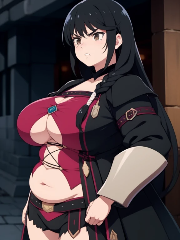 Plump black hair brown eyes  year 21 big breasts chubby longer armor coat angry cry