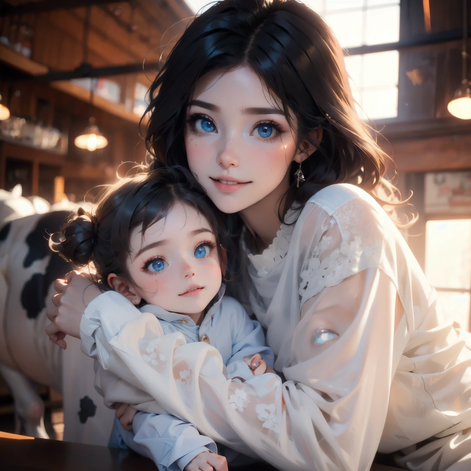 This is a cozy and happy image of ((a woman)) curled up next to an adorable calf. The woman is lovely with interesting and beautiful eyes and puffy lips. Her eyes are (colorful) and have interesting color combinations. The calf is sleepy and cute, with detailed eyes and cow markings. Include many cozy and peaceful details. Include warm, peaceful, pretty, elegant, baby cow, lovely woman, smile lines, god rays, rays of light, shimmer, ((masterpiece)), best quality, ultra detailed. Perspective places the woman and the calf in the center of the image. Utilize dynamic composition and cinematic lighting techniques. ((cute cow)), perfect cow