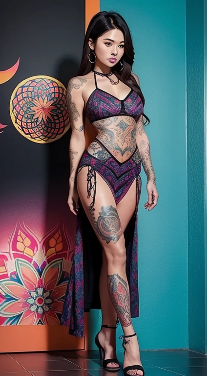 Asian WOMAN with fully tattooed body with very colorful patterns((full body tattooed with intense color patterns))